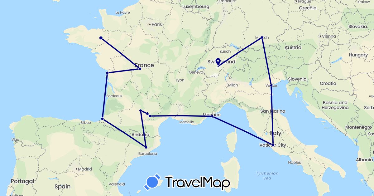 TravelMap itinerary: driving in Switzerland, Germany, Spain, France, Italy, Monaco (Europe)